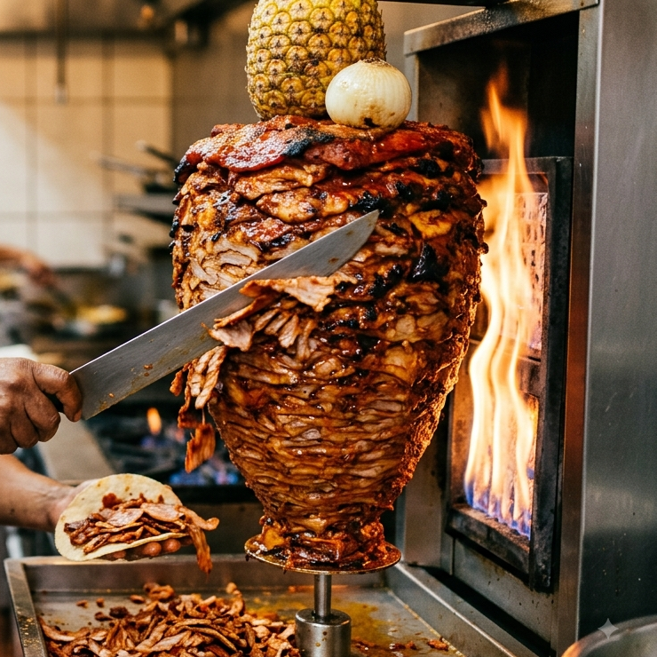 A trompo of marinated pork turning on a vertical spit.