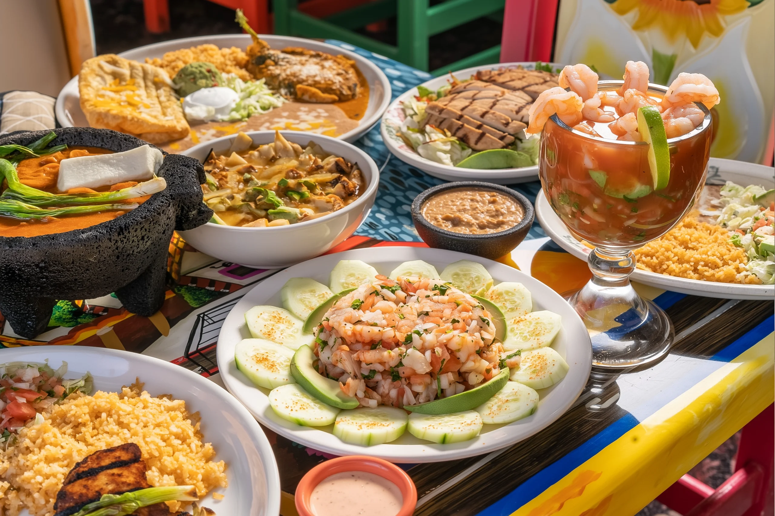 A spread of dishes on a tiled table: a shrimp cocktail, ceviche tostadas with cucumber, guacamole in a molcajete, rice, beans and salsas.