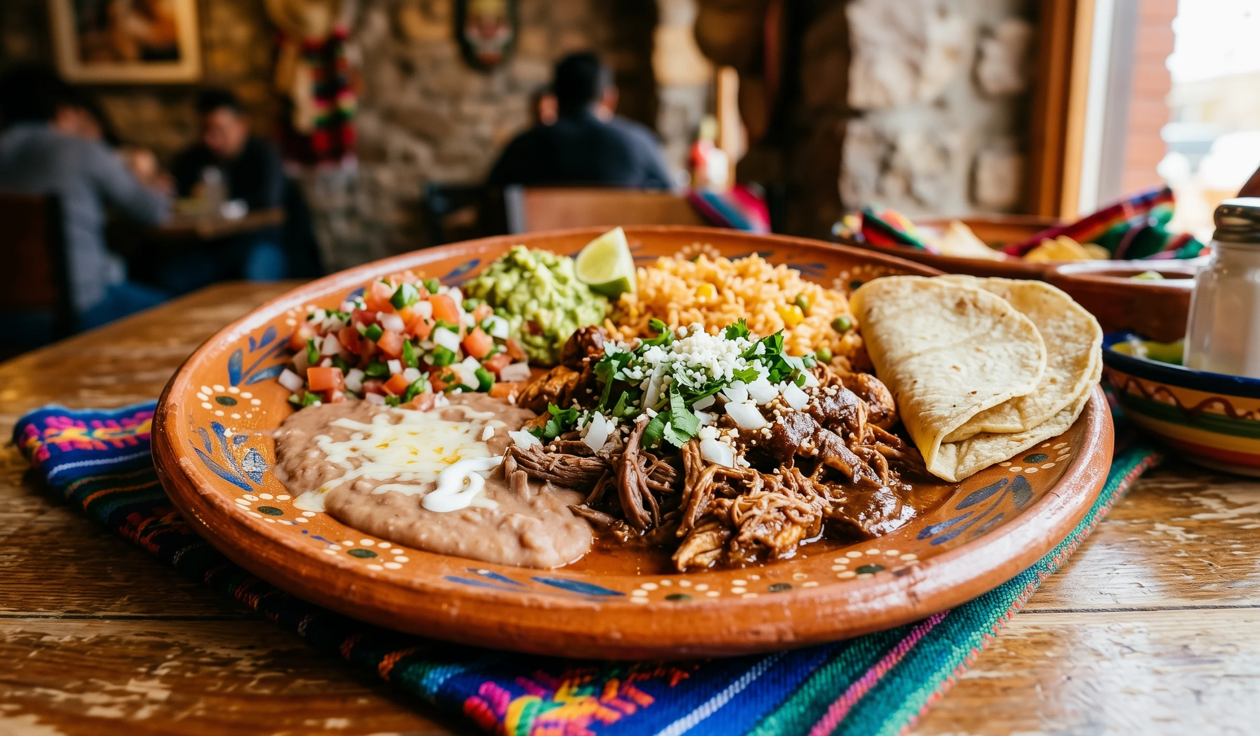 A plate of shredded beef with rice, refried beans, pico de gallo, guacamole and warm tortillas.