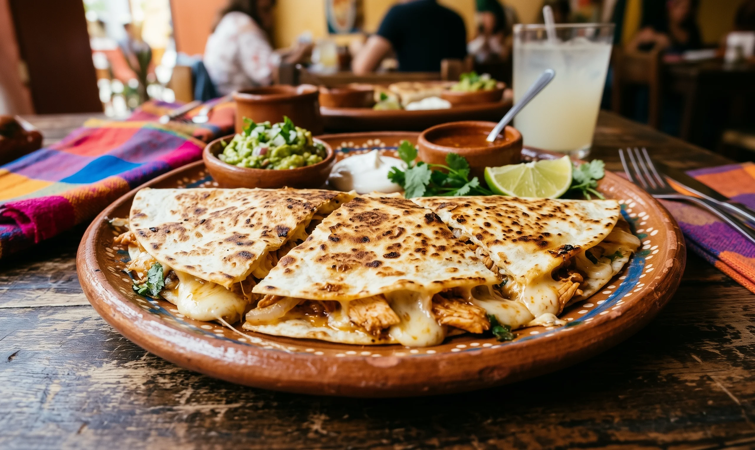A quesadilla cut into wedges on a clay plate, with guacamole, sour cream and salsa in small bowls.