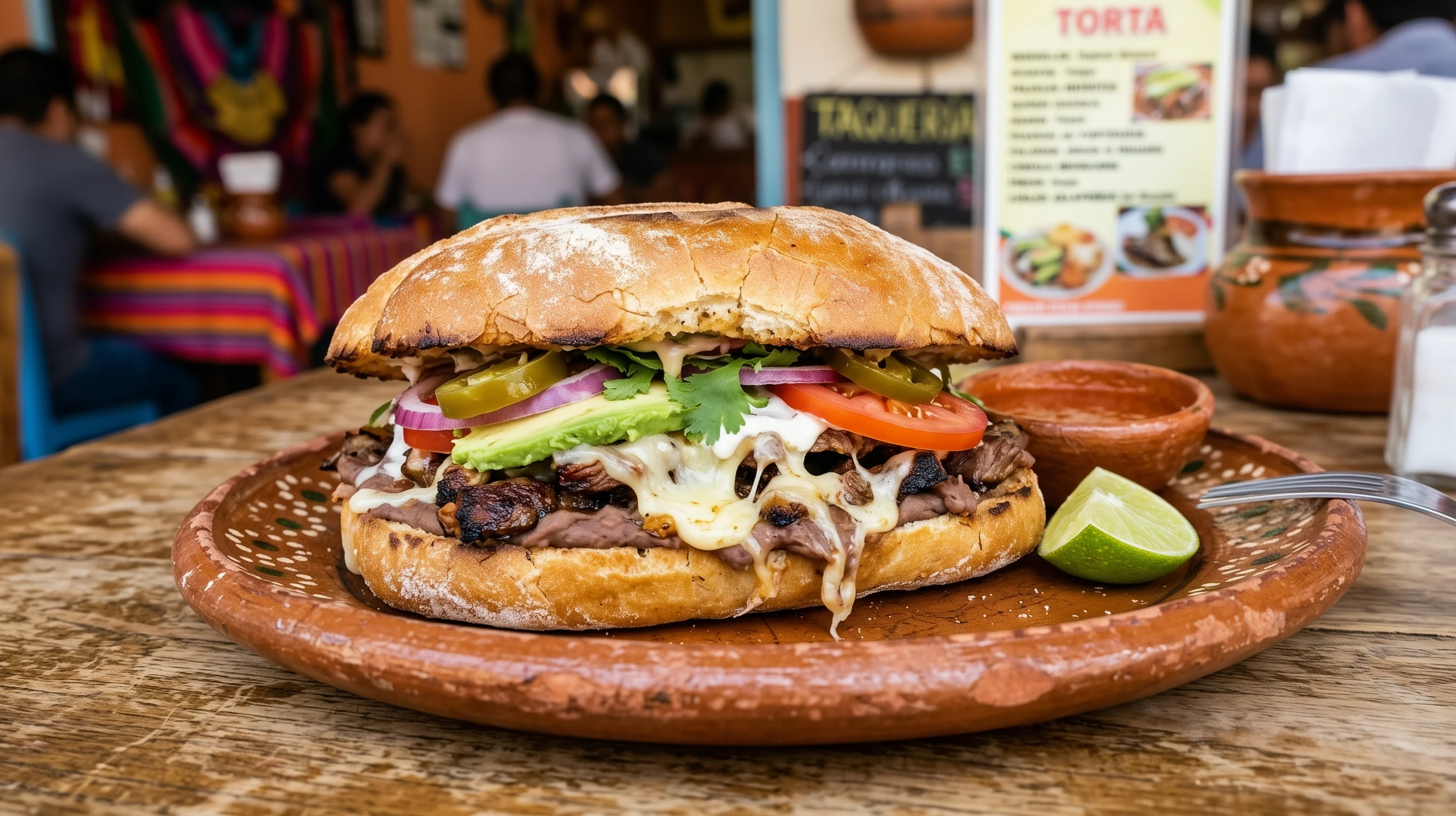 A torta on a clay plate: a telera roll filled with steak, melted cheese, avocado and tomato, with a lime wedge.