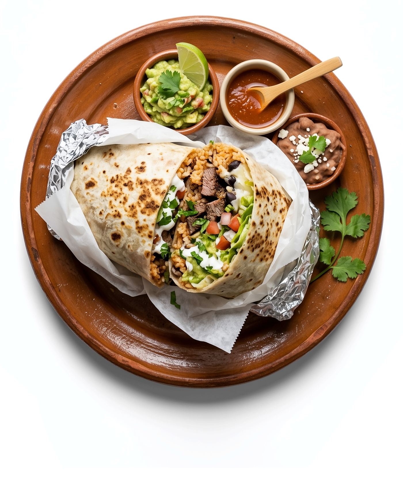 A burrito cut in half on a clay plate, seen from above, with rice, beans and salsa alongside.