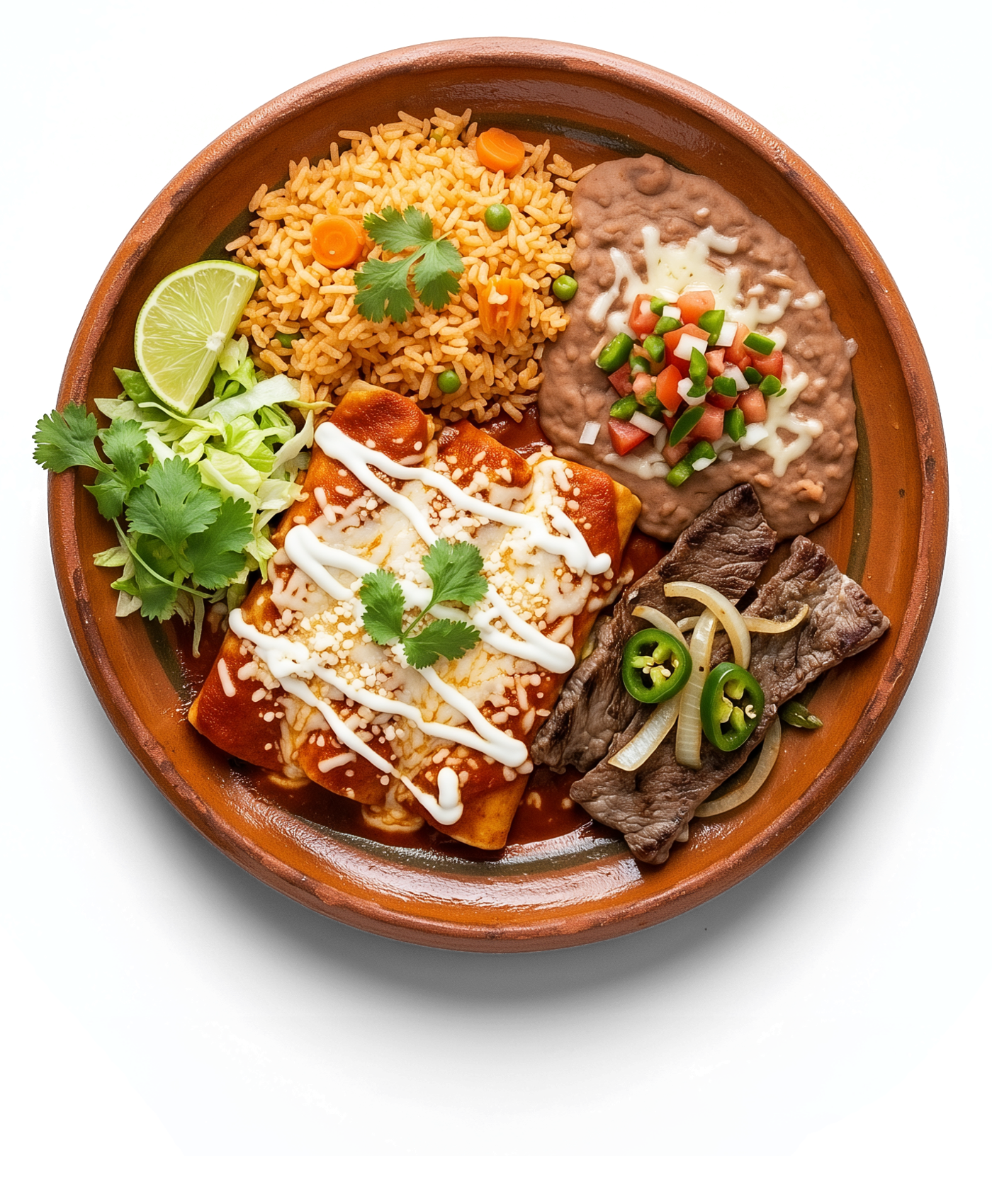 A plato of grilled meat with rice, beans and tortillas on a clay plate, seen from above.