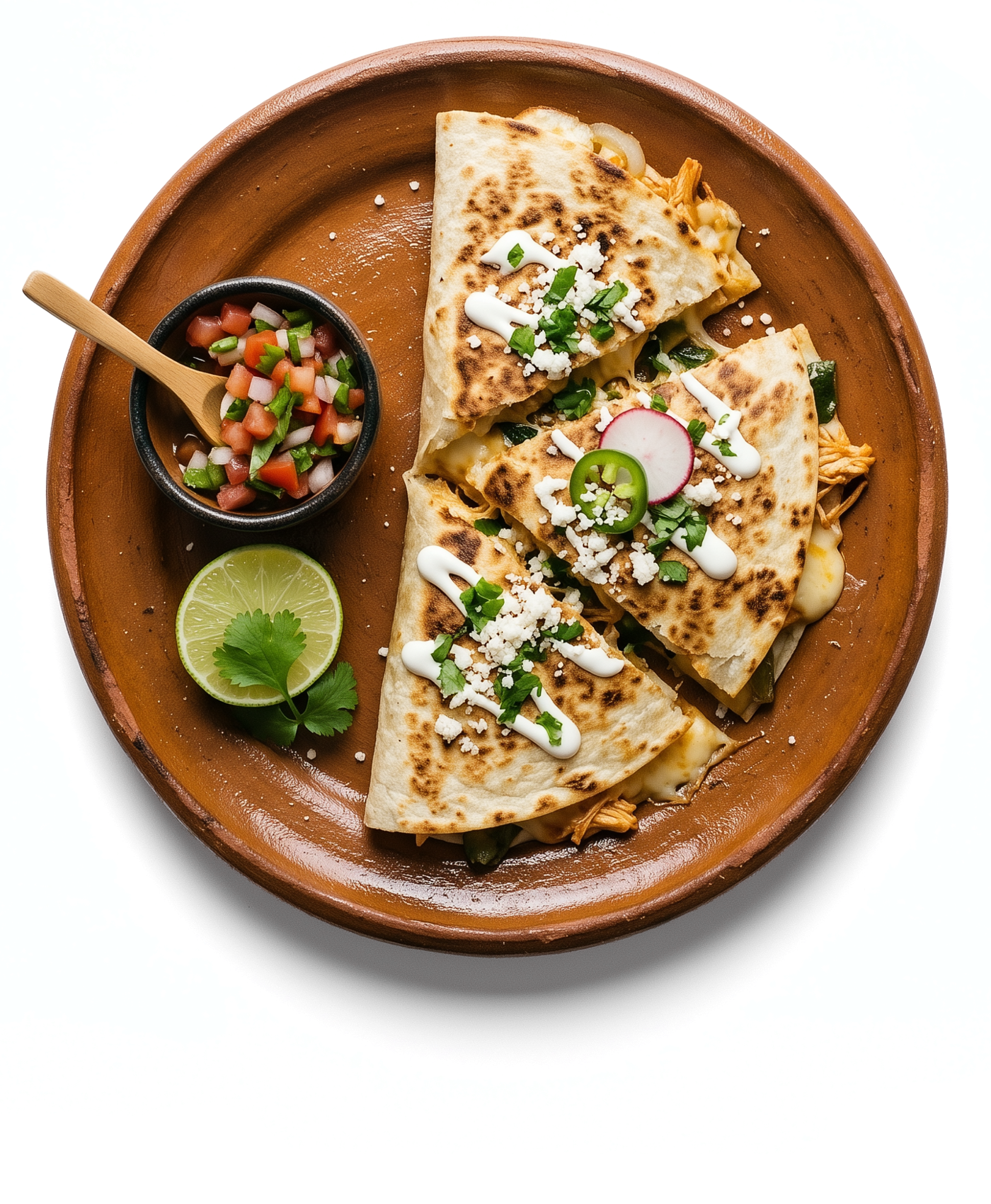 A quesadilla cut into wedges on a clay plate, seen from above, with salsa and lime alongside.
