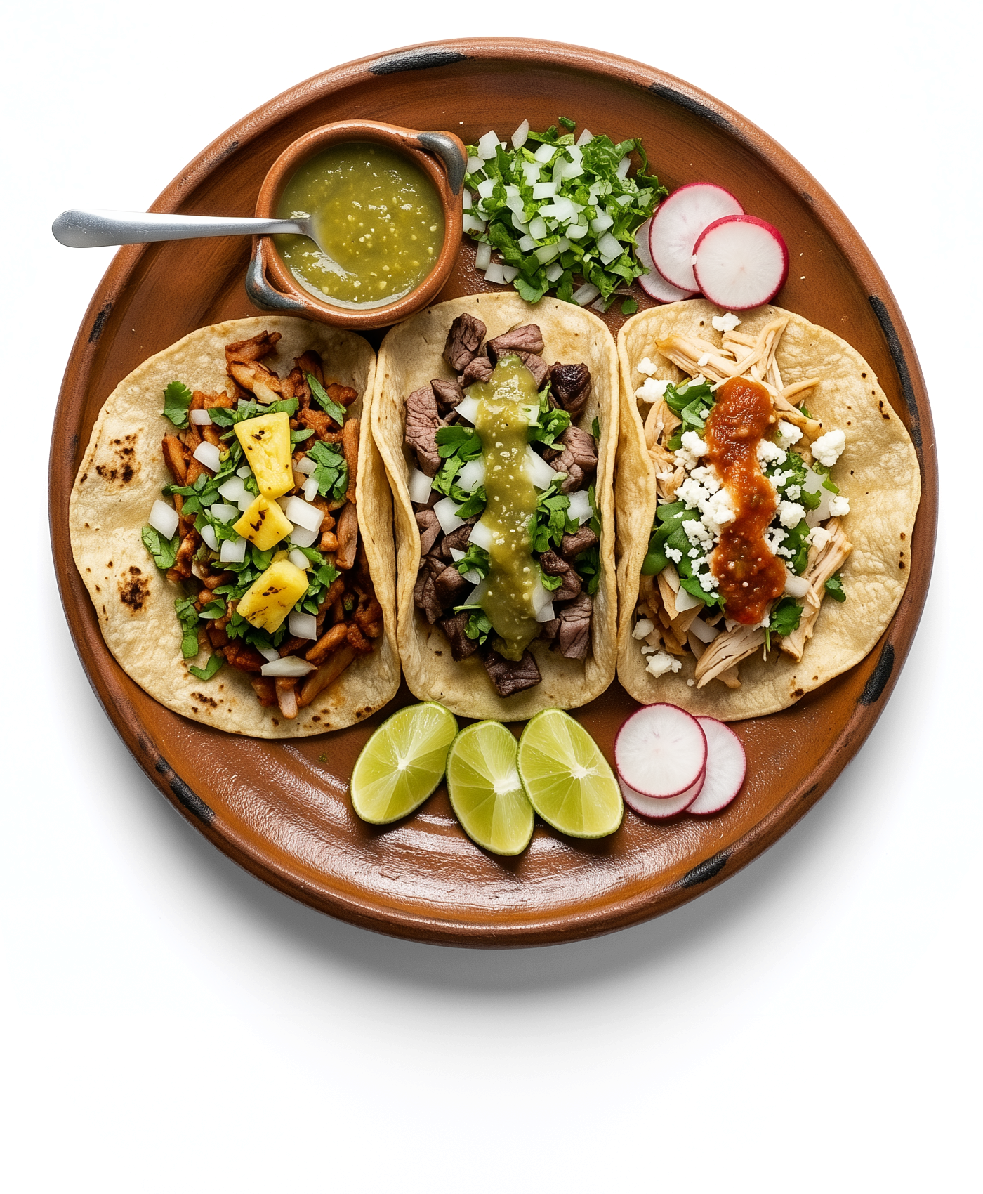 Three tacos on a clay plate seen from above: al pastor with pineapple, carne asada with salsa verde, and chicken with cheese, with lime and radish alongside.